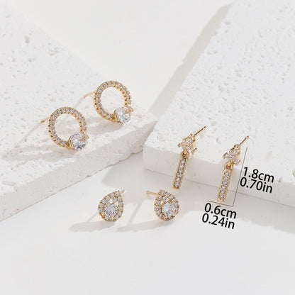 3 Pairs Elegant Lady Water Droplets Plating Inlay Copper Zircon Gold Plated Ear Studs