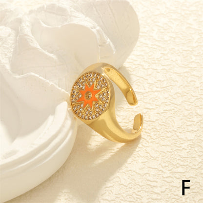 Simple Style Star Copper Enamel Plating Inlay Zircon 18k Gold Plated Open Rings