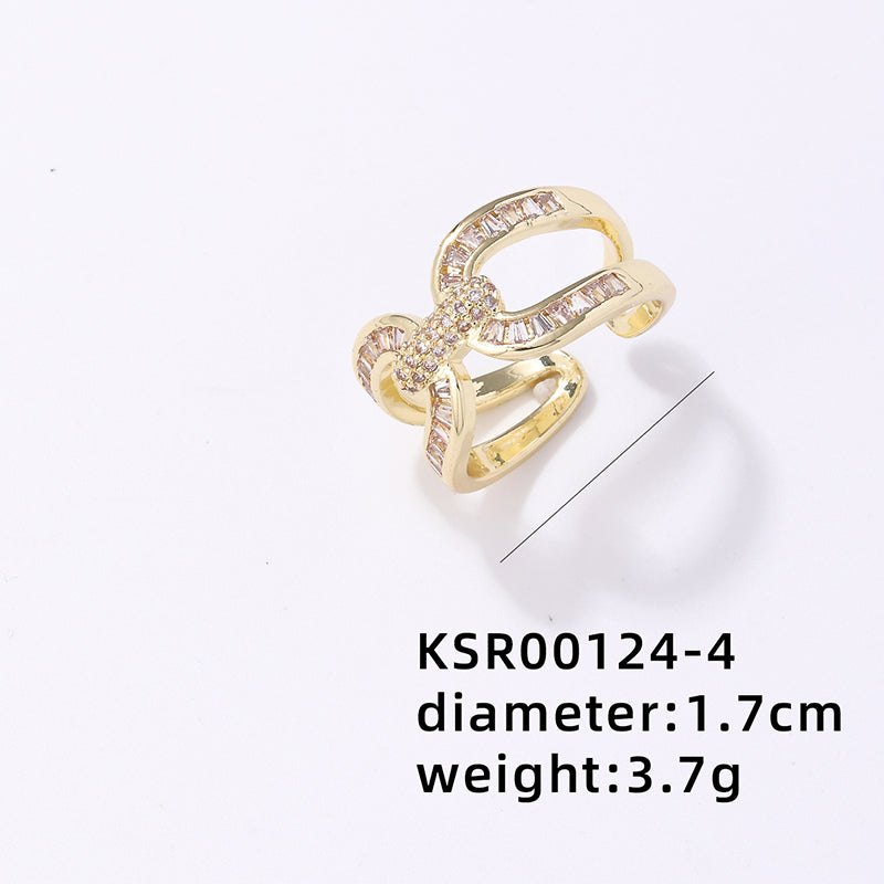 Simple Style Korean Style Geometric Copper Plating Hollow Out Inlay Zircon Gold Plated Open Rings