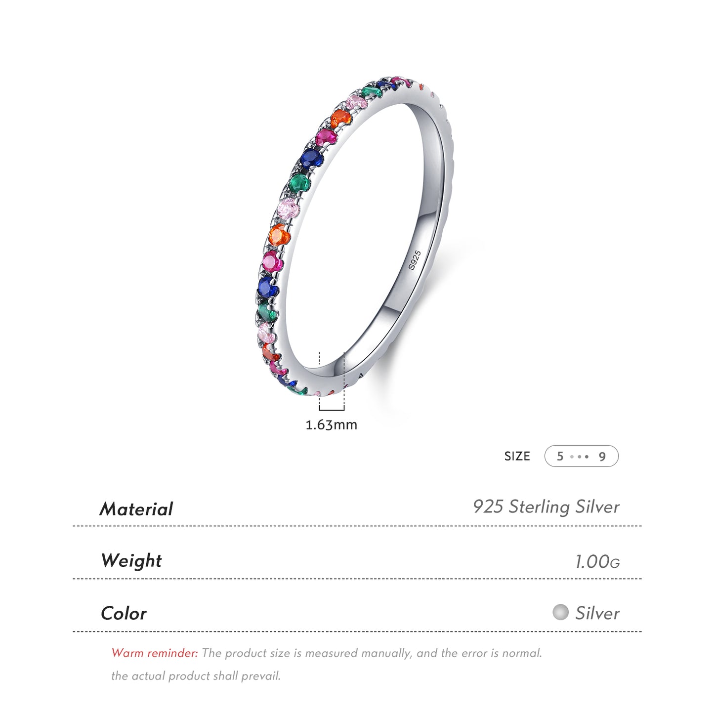 Fashion S925 Sterling Silver Color Rainbow Simple Diamond Ring