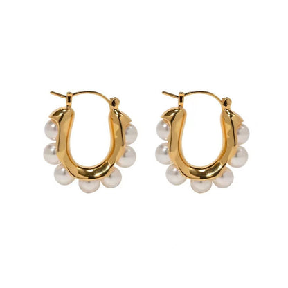 1 Pair Simple Style U Shape Plating Inlay Stainless Steel Artificial Pearls 14k Gold Plated Ear Studs