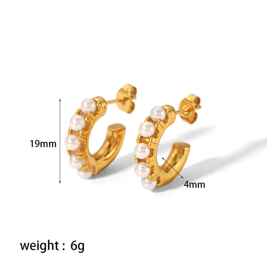 1 Pair Casual C Shape Plating Inlay Stainless Steel Artificial Pearls 14k Gold Plated Ear Studs