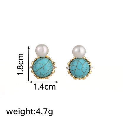 1 Pair Ig Style Retro Round Plating Metal Inlay Copper Natural Stone 18k Gold Plated Ear Studs