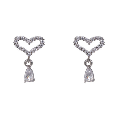 1 Pair Lady Korean Style Heart Shape Inlay Copper Zircon White Gold Plated Drop Earrings