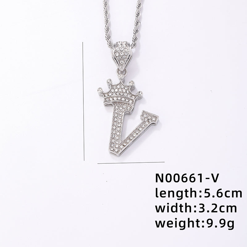 Hip-hop Letter Crown Copper Plating Inlay Rhinestones White Gold Plated Necklace Pendant