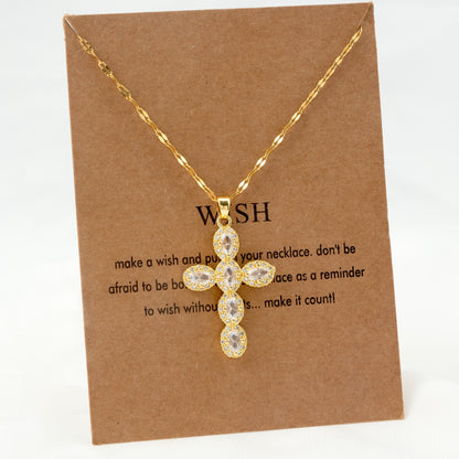 Vintage Style Geometric Cross Stainless Steel Plating Inlay Rhinestones Pearl Zircon 18k Gold Plated Pendant Necklace