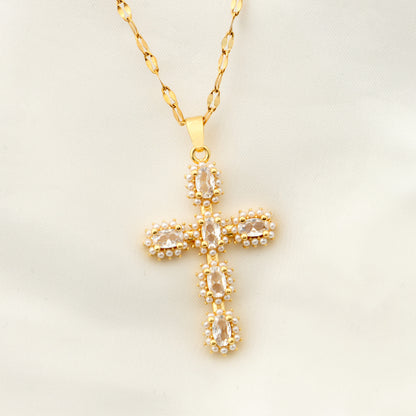 Vintage Style Geometric Cross Stainless Steel Plating Inlay Rhinestones Pearl Zircon 18k Gold Plated Pendant Necklace