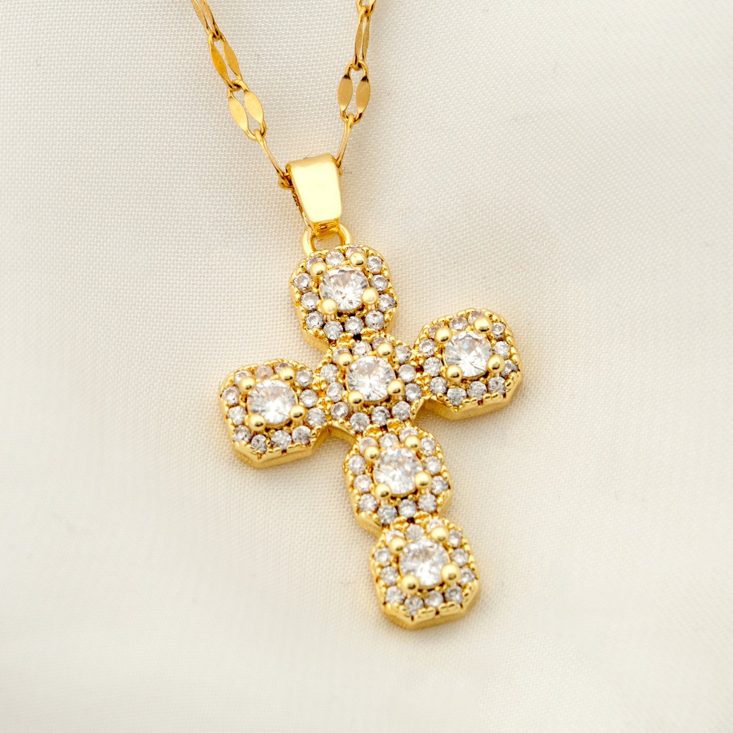 Vintage Style Geometric Cross Stainless Steel Plating Inlay Rhinestones Pearl Zircon 18k Gold Plated Pendant Necklace