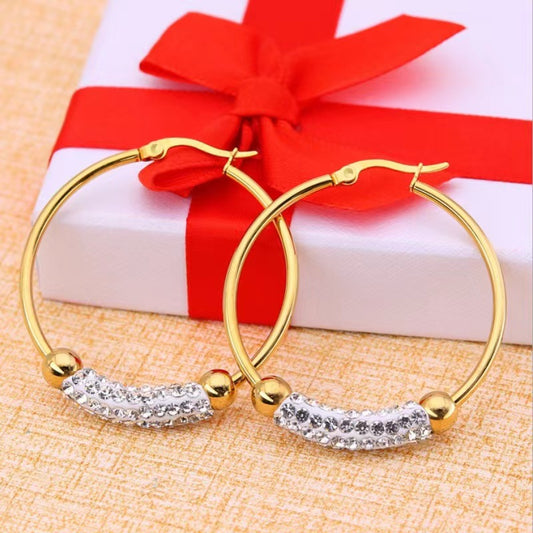 1 Pair Simple Style Circle Stainless Steel Rhinestones Hoop Earrings