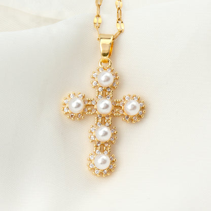 Vintage Style Geometric Cross Stainless Steel Plating Inlay Rhinestones Pearl Zircon 18k Gold Plated Pendant Necklace