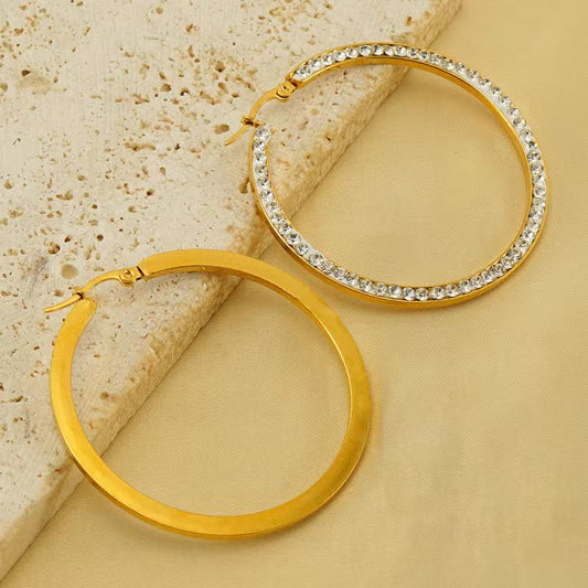 1 Pair Vintage Style Round Plating Inlay Stainless Steel Rhinestones Gold Plated Hoop Earrings