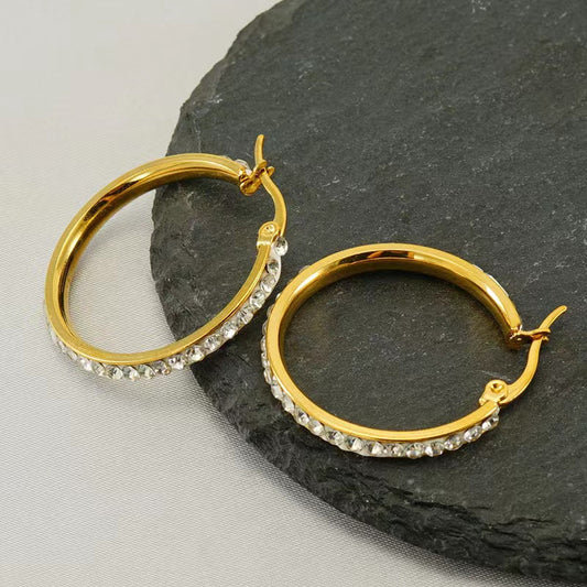 1 Pair Simple Style Round Plating Inlay Stainless Steel Rhinestones Gold Plated Hoop Earrings