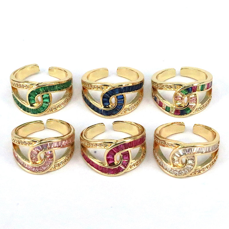 Luxurious Simple Style Color Block Copper Layered Plating Inlay Zircon Gold Plated Open Rings