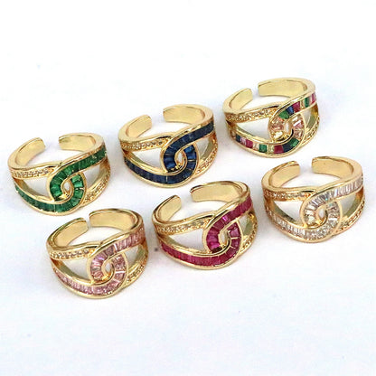 Luxurious Simple Style Color Block Copper Layered Plating Inlay Zircon Gold Plated Open Rings