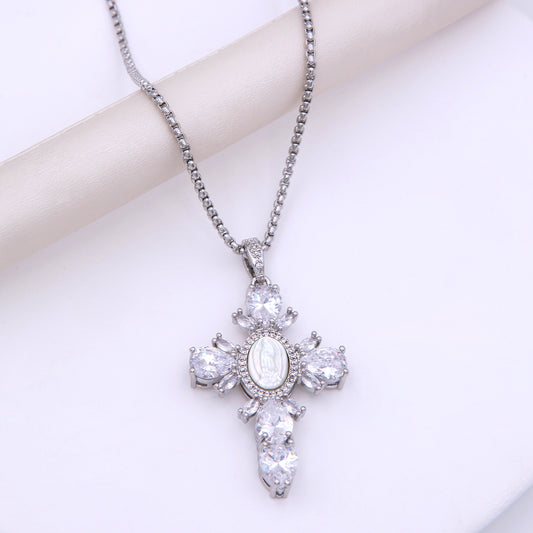 Glam Modern Style Shiny Cross Copper Plating Inlay Shell Zircon 18k Gold Plated White Gold Plated Pendant Necklace