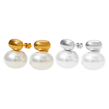 1 Pair Elegant Simple Style Oval Plating Inlay Stainless Steel Pearl Ear Studs