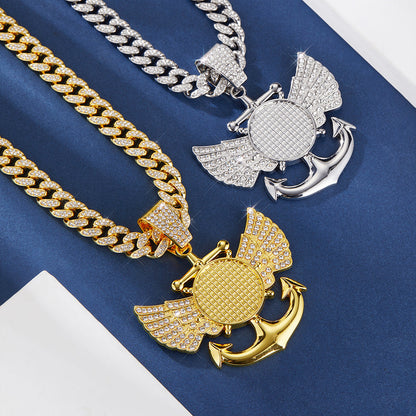 Hip-Hop Wings Anchor Zinc Alloy Chain Inlay Rhinestones Unisex Pendant Necklace