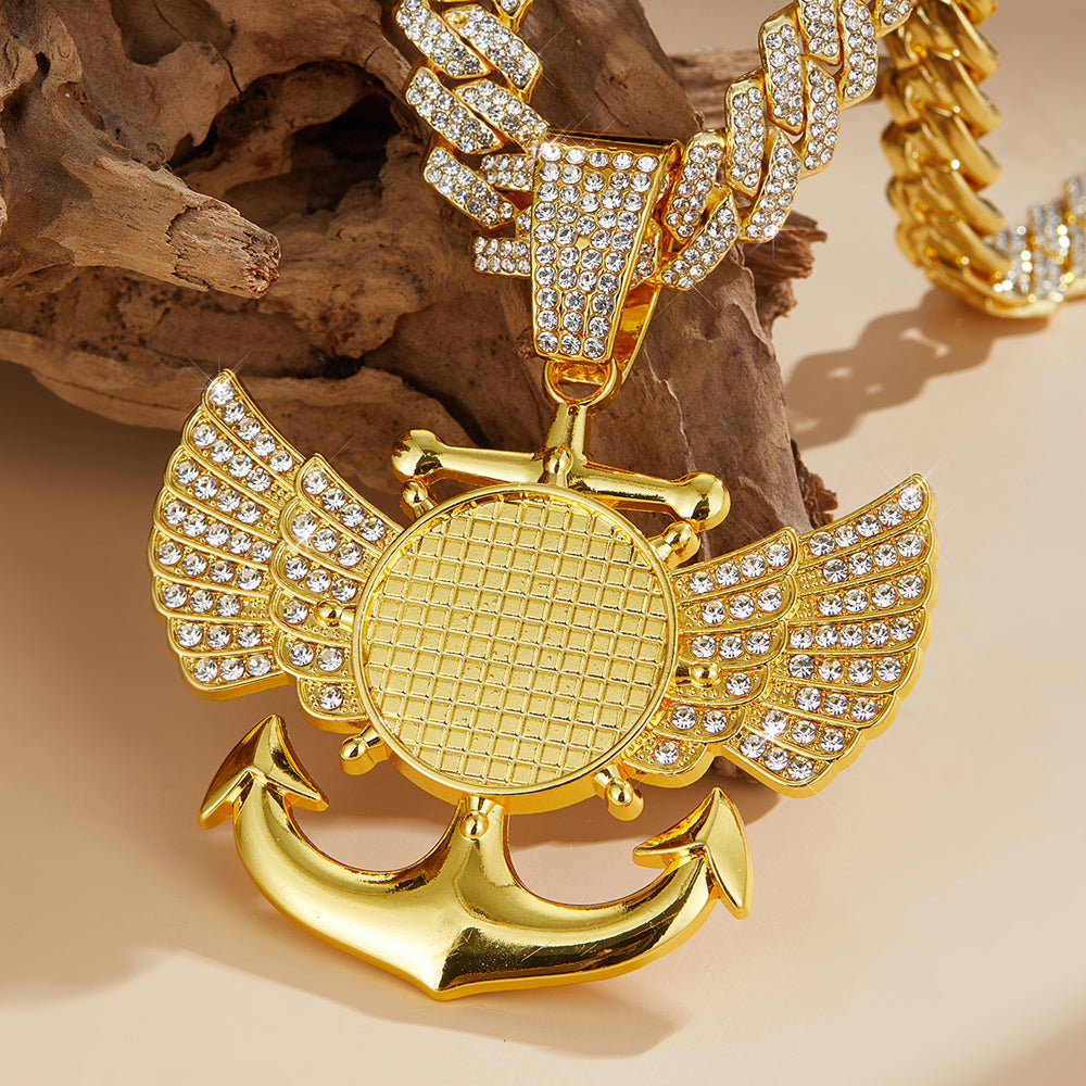 Hip-Hop Wings Anchor Zinc Alloy Chain Inlay Rhinestones Unisex Pendant Necklace