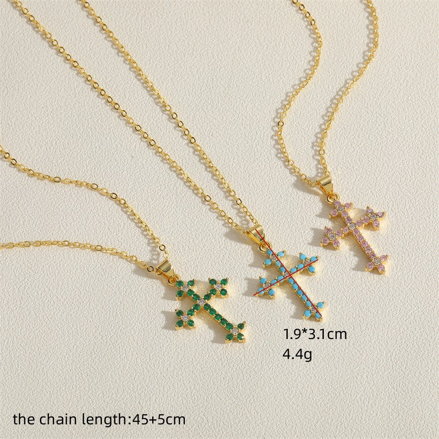 Streetwear Cross Copper Plating Inlay Zircon 14k Gold Plated Pendant Necklace