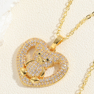 Cute Simple Style Streetwear Little Bear Heart Shape Copper Plating Inlay Zircon 14k Gold Plated Pendant Necklace