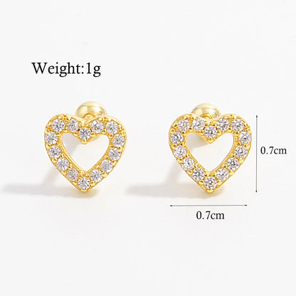 1 Pair Sweet Heart Shape Plating Hollow Out Inlay Sterling Silver Zircon 14k Gold Plated Rose Gold Plated White Gold Plated Ear Studs