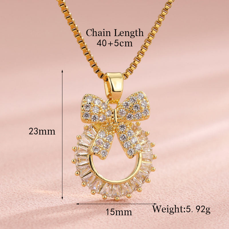 Vintage Style Heart Shape Flower Bow Knot Stainless Steel Copper Plating Inlay Zircon 18k Gold Plated Gold Plated Pendant Necklace