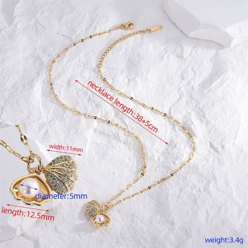 Casual Classic Style Artistic Shell Titanium Steel Plating Inlay Artificial Pearls 18k Gold Plated Necklace