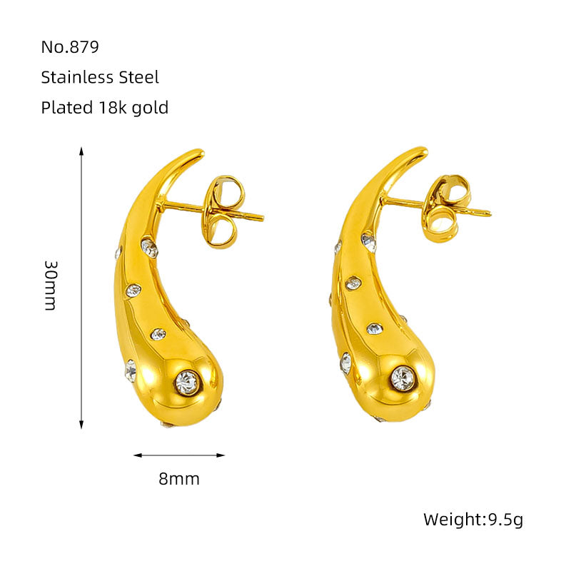 1 Piece Vintage Style Water Droplets Polishing Plating Inlay Stainless Steel Rhinestones 18k Gold Plated Ear Studs