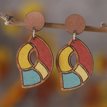 1 Pair Retro Color Block Printing Wood Drop Earrings