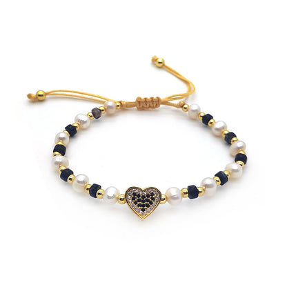 Simple Style Classic Style Heart Shape Freshwater Pearl Copper Beaded Plating Inlay Rhinestones 18k Gold Plated Bracelets