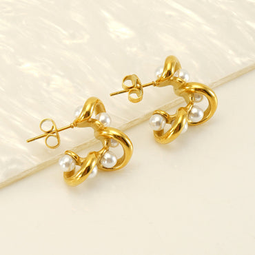 1 Pair Simple Style Commute Solid Color Plating Inlay Stainless Steel Titanium Steel Artificial Pearls 18k Gold Plated Ear Studs