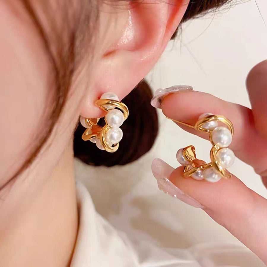 1 Pair Simple Style Commute Solid Color Plating Inlay Stainless Steel Titanium Steel Artificial Pearls 18k Gold Plated Ear Studs