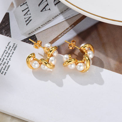 1 Pair Simple Style Commute Solid Color Plating Inlay Stainless Steel Titanium Steel Artificial Pearls 18k Gold Plated Ear Studs