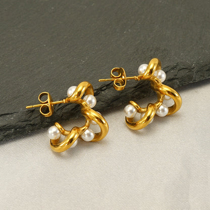 1 Pair Simple Style Commute Solid Color Plating Inlay Stainless Steel Titanium Steel Artificial Pearls 18k Gold Plated Ear Studs