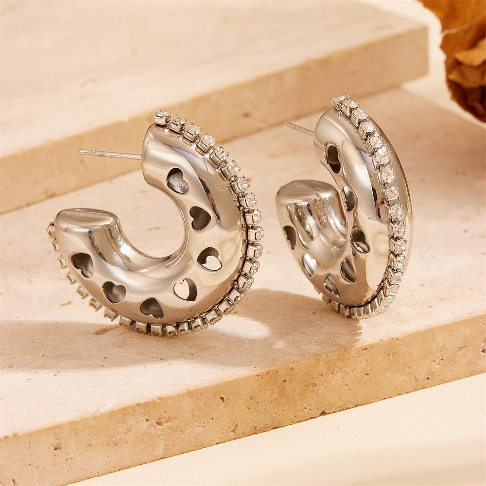 1 Pair Vintage Style C Shape Water Droplets Plating Inlay Stainless Steel Artificial Diamond 18k Gold Plated Ear Studs