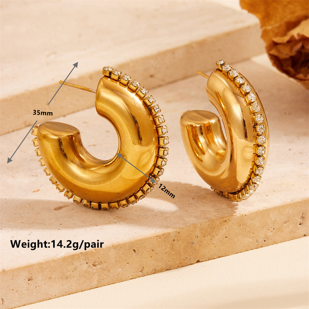 1 Pair Vintage Style C Shape Water Droplets Plating Inlay Stainless Steel Artificial Diamond 18k Gold Plated Ear Studs