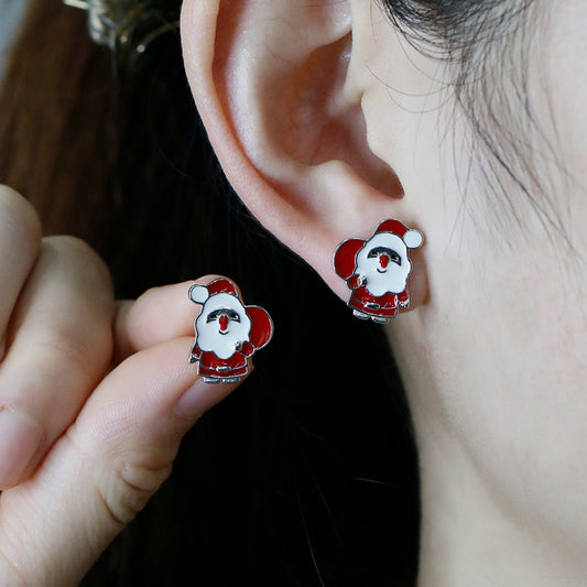 1 Pair Cute Christmas Santa Claus Epoxy Sterling Silver White Gold Plated Ear Studs