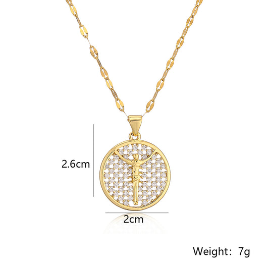 Simple Style Cross Round Heart Shape Stainless Steel Copper Plating Inlay Zircon 18k Gold Plated Pendant Necklace