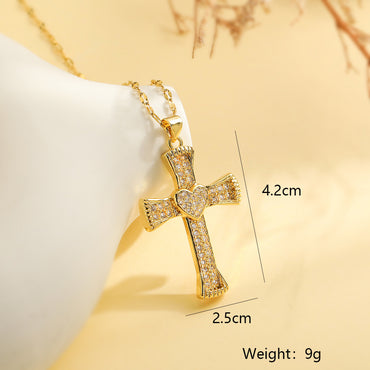 Simple Style Cross Round Heart Shape Stainless Steel Copper Plating Inlay Zircon 18k Gold Plated Pendant Necklace
