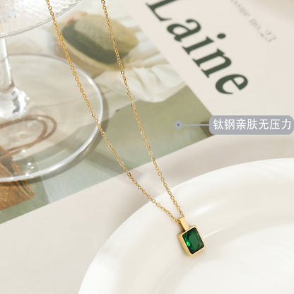 Elegant Square Titanium Steel Inlay Zircon Pendant Necklace