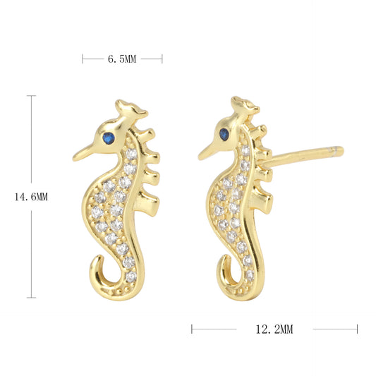 1 Pair Simple Style Hippocampus Inlay Sterling Silver Rhinestones Ear Studs