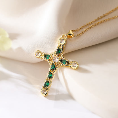 Simple Style Commute Cross Copper Plating Inlay Zircon 18k Gold Plated Pendant Necklace