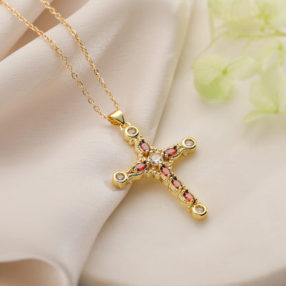 Simple Style Commute Cross Copper Plating Inlay Zircon 18k Gold Plated Pendant Necklace