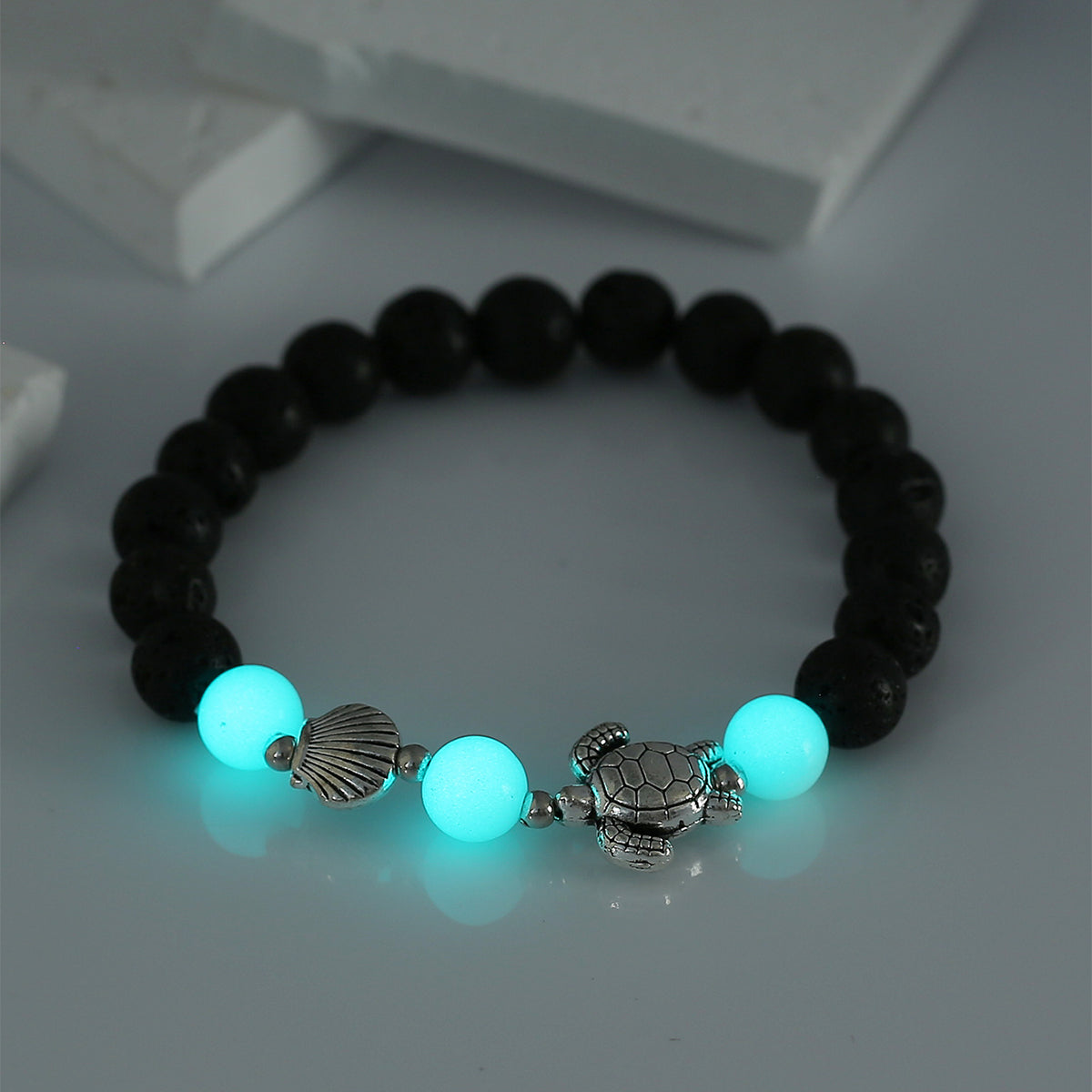 Fashion Rose Flower Beaded Black Volcanic Stone Blue Green Luminous Bracelet