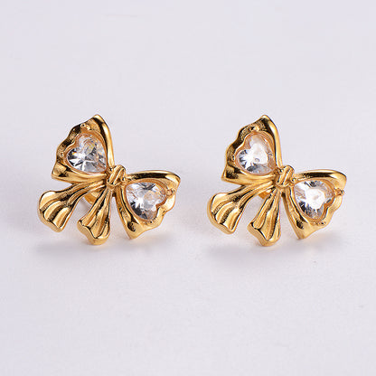 1 Pair Vintage Style Flower Bow Knot Plating Inlay Stainless Steel Rhinestones 24k Gold Plated Ear Studs