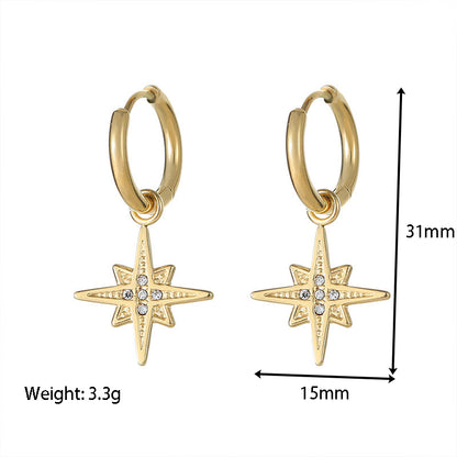 1 Pair Retro Circle Star Inlay Stainless Steel Zircon Drop Earrings