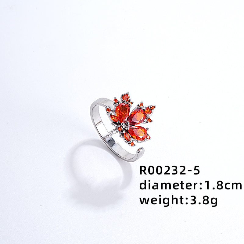 Elegant Classic Style Geometric Maple Leaf Copper Plating Inlay Zircon Open Rings