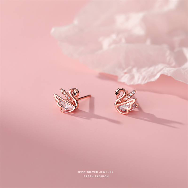 1 Pair Casual Simple Style Swan Plating Inlay Sterling Silver Rhinestones Rose Gold Plated White Gold Plated Ear Studs