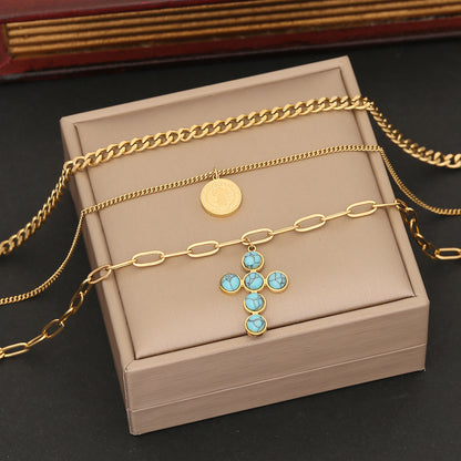 Vintage Style Cross Stainless Steel Plating Inlay Turquoise Jewelry Set