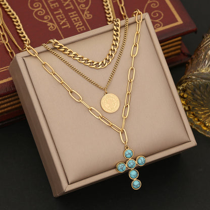 Vintage Style Cross Stainless Steel Plating Inlay Turquoise Jewelry Set